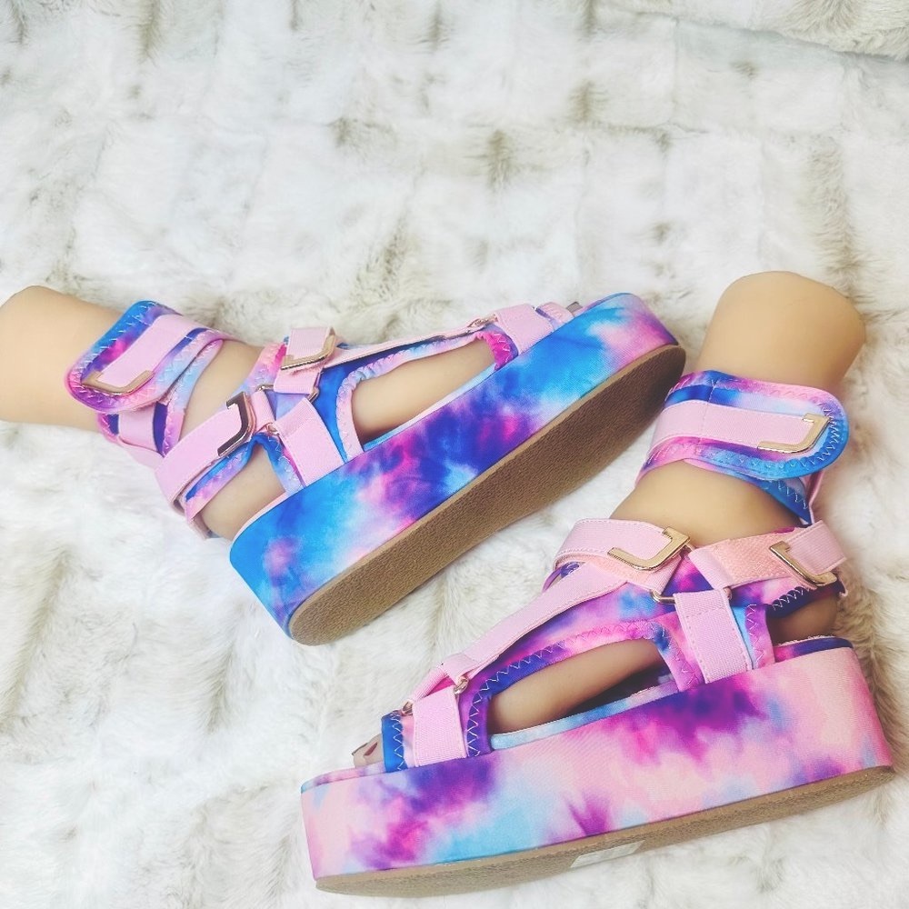 Pazzle Cotton Candy Platform Tie Dye Pink Harness Strap Sandals - Picture 2 of 9